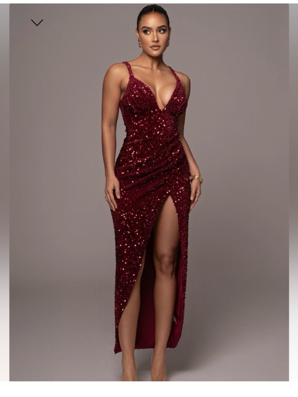 JLUXLABEL Burgundy On the Rise Sequin V-Neck Maxi Dress with Thigh Slit